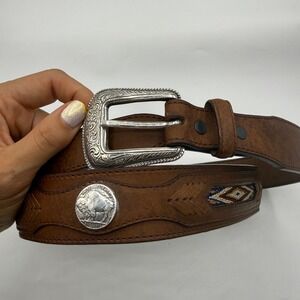 Vintage Orvis Mens Brown Leather Western Buffalo Nickel Belt Aztec Woven Size 40
